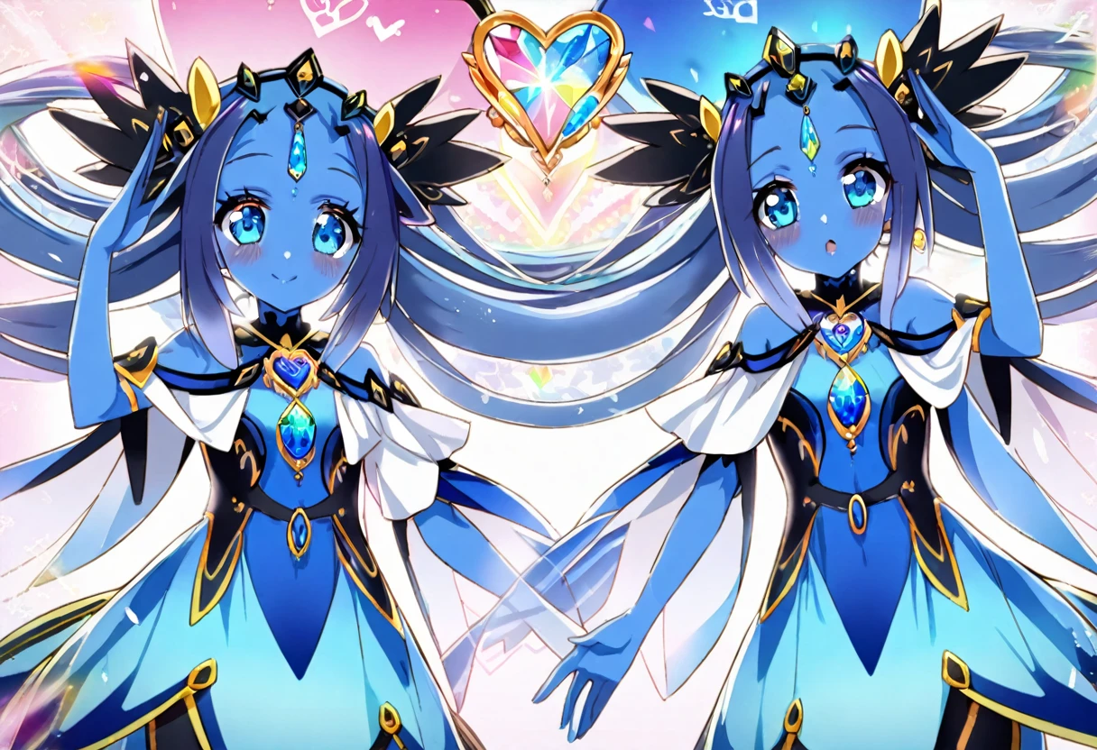 (2 subjects) (Subject 1: Cryptic girl in an action pose descending from the sky) and her companion (subject 2: a blue skinned water nymph, jewel adorned) give a team work salute and fill the air with love