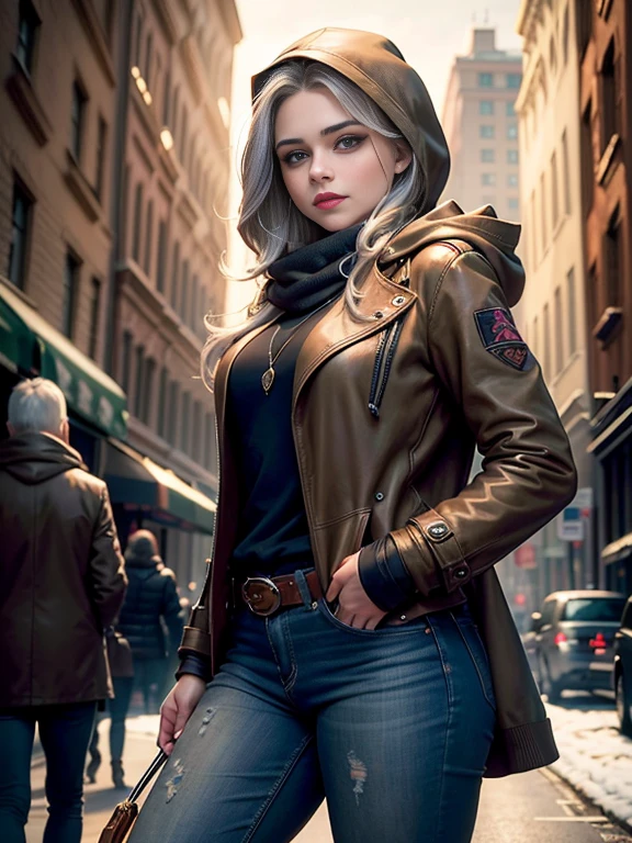 Chloe Grace Moretz、(masterpiece:1.0), (Highest_quality:1.2), (Dark Shot:1.3), Classic Rogue, 1991 Rogue X-Men, 1 girl, Only 1, Head to Toe, standing on street corner, Elegant pose, (clothing: Brown winter coat, Brown color hood, Down lining, White scarf, gloves, jeans) Medium length hair, Brown Hair, Wavy Hair, One gray hair, Green Eyes, Mischievous look, Grin, Lips parted, Red lipstick, Heavy makeup, Confident expression, Backlight, (realism: 1.5), (Realistic: 1.4), (Disorganized:1.4), 8k, Very detailed, Detailed beautiful woman, (background: Midnight, it's snowing, On the streets of New York, Snowy Night), Official Art, Very detailed CG Unity 8k wallpaper, Perfect lighting, colorful, 超High resolution, photograph, 8k, High resolution, Kodak Portrait 400, Film Grain, blurry background, (Bokeh:1.2), (Vibrant_color:1.2), Film Grain:1.2, (Warm colors, Warm Tones:1.2), (color photo), Professional Photograph