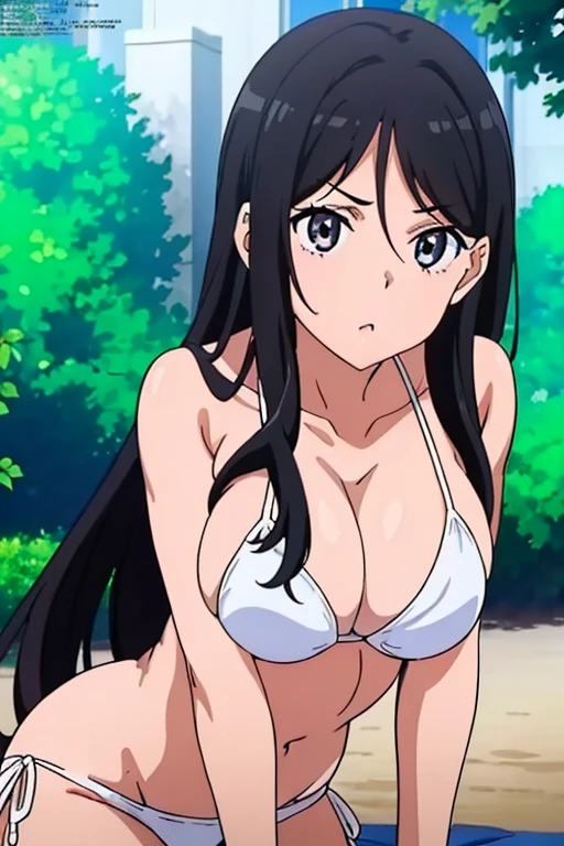 (masutepiece, Best Quality, High resolution, anime screen cap, anime colours, megami magazine:1.2, anime poster style, anime keyvisual, sharp, 8k, photorealistic), (beautiful eyes:1.5), Blowmailing, 1girl in, Cute, blush, (Long Black Hair), (natural large breasts:1.5), cleavage, (White Bikini:1.5), (perfect detailed crossed arm:1.5), upper body, (Perfect Anatomy, beautifull detailed face, Beautiful detailed eyes, beautiful detailed hair, Beautiful detailed body), (thick outline, Beautiful outlines, black outlines)