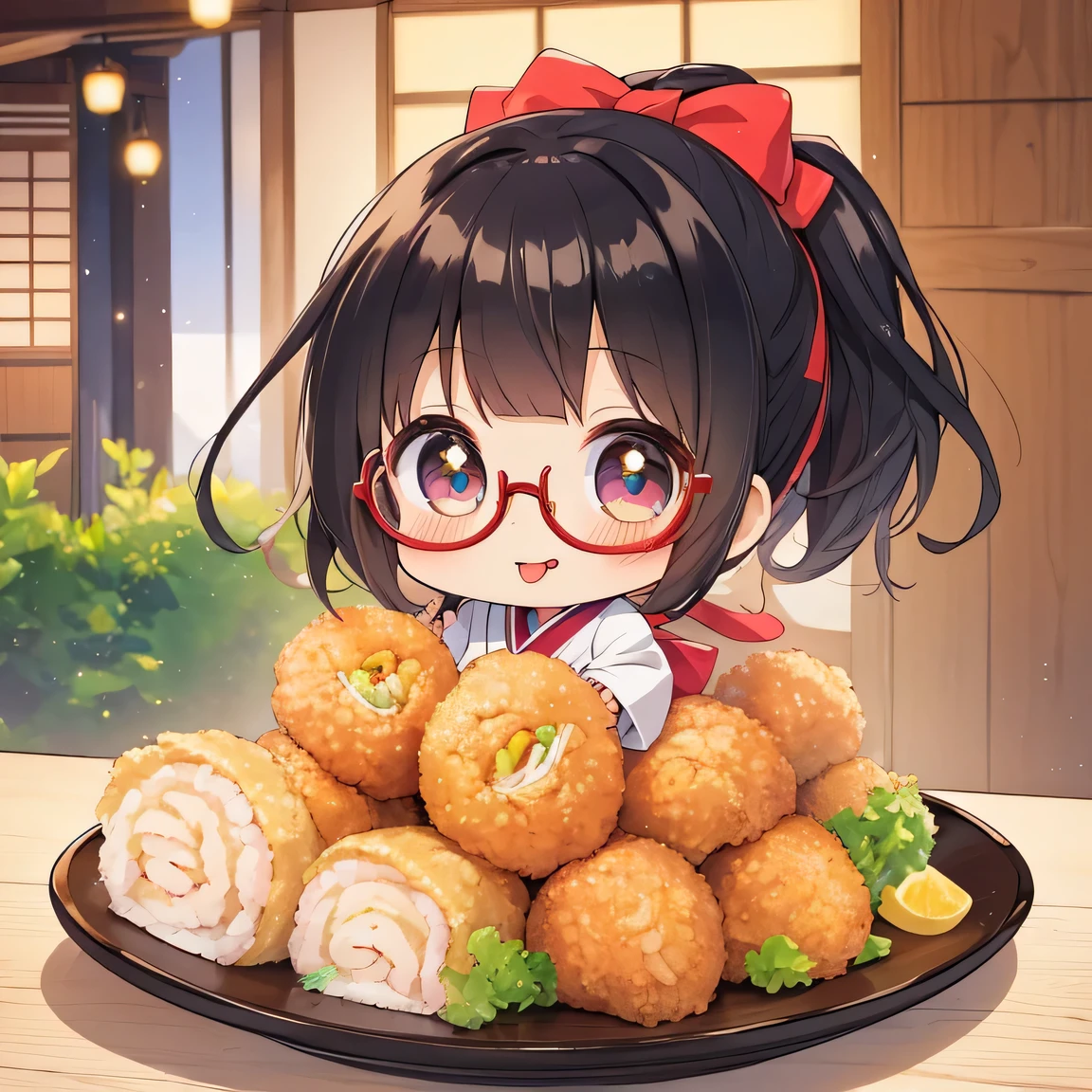 ((masterpiece)), ((best quality)), (ultra-detailed), ((kawaii)), cute, (lovely), illustration, anime style, upper body, upper body focus, 1girl, cute girl, solo, (((chibi))), (beautiful eyes), beautiful black hair, Long hair, slim, slender, small breast, glasses, Inside a Japanese restaurant, a platter with assorted tempura, looking very happy, smiling, (tongue out:1.1), (Tehepero).