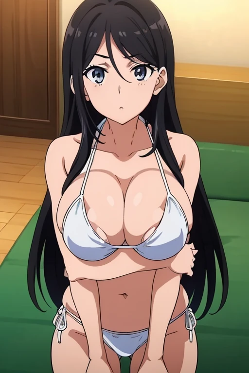 (masutepiece, Best Quality, High resolution, anime screen cap, anime colours, megami magazine:1.2, anime poster style, anime keyvisual, sharp, 8k, photorealistic), (beautiful eyes:1.5), Blowmailing, 1girl in, Cute, blush, (Long Black Hair), (natural large breasts:1.5), cleavage, (White Bikini:1.5), (perfect detailed crossed arm:1.5), upper body, (Perfect Anatomy, beautifull detailed face, Beautiful detailed eyes, beautiful detailed hair, Beautiful detailed body), (thick outline, Beautiful outlines, black outlines)
