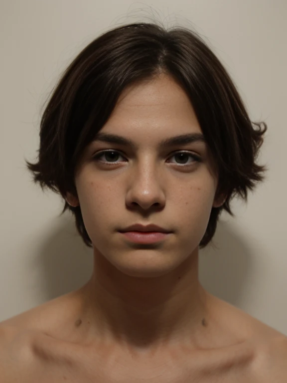 make a boy, con cabello oscuro corto, cejas robustas, pecas, ojos de color oscuro