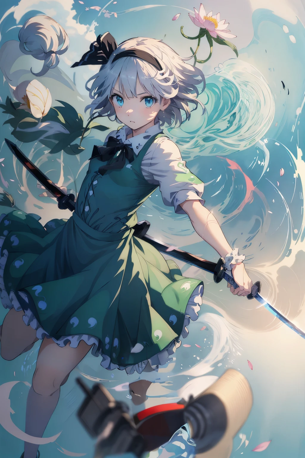 masterpiece, best quality, illustration, 1girl, solo, konpaku youmu, (white short hair), black hair band, sharp eyes, (vivid color), light, thick smoke:1.6, (floating white ink:1.8), Cyan flame, (beautiful and clear background:1.25), (depth of field:0.7), Dreamlike, (highres:1.2), (ultra-detailed:1.2), (extremely detailed CG unity 8k wallpaper:1.2), (traditional media), (sketch:1.1), finely detailed beautiful eyes and detailed face, Tachi, (flying petals:1.2), lotus, Swordfight, dynamic colors, colorful, dynamic pose, dynamic angle, ghost, Touhou, sword, holding sword, konpaku youmu, small breasts, (detailed eyes), cute, beauty, HDR, 4K, nier anime style, harmony, fighting stance