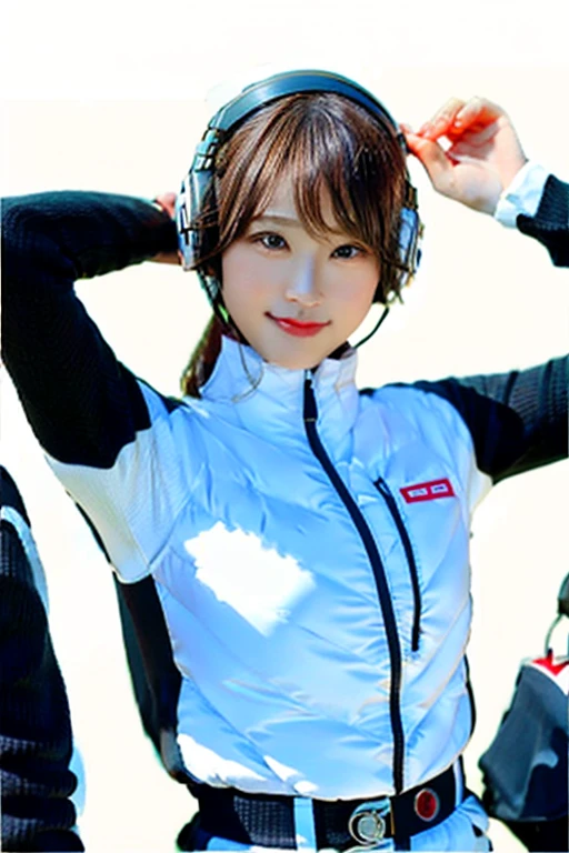(8k、Raw photo、highest quality、masterpiece:1.2)、(Realistic、Photorealistic:1.37)、Ultra-detailed、超A high resolution、1 girl、Seeing the viewer、Beautifully detailed face、Laughter、narrow、(Narrow waist) :1.3)、((Red shirt outfit))、Beautifully detailed skin、Skin Texture、Floating Hair、((Tie your hair together))、Shapely large breasts、Professional Lighting、In front of the station at noon、Human whole body、Brown Hair、((The line is busy))、BREAK ((Detailed face, Professional photography)), Ultra-high resolution, (Realistic: 1.4), RAW Photos, highest quality, (PhotoRealistic Stick), concentrate, Soft Light,masterpiece, highest quality, Very detailed, 8K, BREAK (arms behind back):5,(arms up behind):1, (black sleeves):10,(black long tightfit sleeves) BREAK (headphone):10 (metallic gray astrovest), (metallic luster mirror finish astrovest):2,belt, BREAK blush:3,smile,look at viewer,(Blunt bangs),(black hair):2,(long hair):1.3 (drooping eyes),(Young Face), BREAK Portrait,(solo),1girl,(Caucasian):10,(android girl):1.4,Plump:0.7, ((25 years old)), ((Japanese)), BREAK (hidden hand):10, BREAK (Written boundary depth,futuristic space station,,space station,Bomi,neotech,bing_astronaut