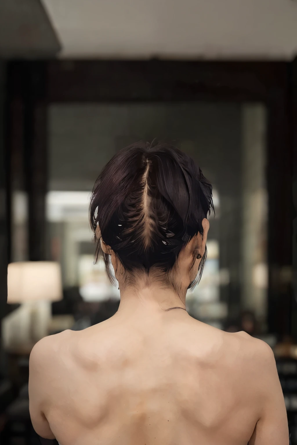 ((highest quality)), ((8K)), ((masterpiece: 1.3)), (Perfect appearance), (Photorealism: 1.6), (Bedroom: 1.2), (sitting in front of the dresser: 1.2), (後ろ髪を両手で掻き上げうなじを見せるJapanese Mature), (Instead of a comb, he is using the fingers of both hands to push the hair back from the back of his head.: 1.4), (Back view), (Angle from diagonally behind: 1.4), (Portrait from chest up: 1.4), (60 years old, Japanese Mature), ((Realistic skin texture)), (Fine lines all over the skin), (Dull skin), (Facial wrinkles), (Wrinkles around the eyes), double eyelid, Tear bags under the eyelids, (A face with its head bowed: 1.2), (Smiling gently: 1.2), (Eyes closed: 1.2), (Hair combed up by fingers: 1.2), (A little bit of loose hair left at the nape of the neck), (Showing the nape: 1.6), (Nightgown: 1.2),