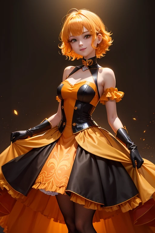 Girl1, solid yellow hair, wavy hair, orange highlights, orange clover around waist, short hair, yellow ball gown, black gold coreset, black pantyhose underneath, yellow chest piece, gloves, orange bracelet, black leotard, orange vertical tights, poofy gown, orange chocker, orange ball gown, short gloves, smile