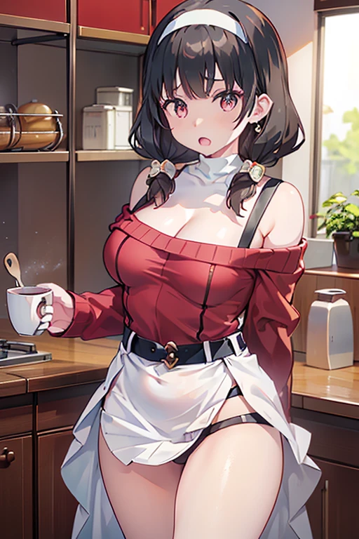 masterpiece, yor, 1girl, Amazing Cleavage:1.3, thin waist, big ass, Raised sexy, medium breast: 1.8 posed cleavage:1.2、solo, looking at viewer, open mouth, have a cup of coffee,black hair, red eyes, dress, bare shoulders, jewelry, collarbone, sidelocks, hairband, earrings, indoors, off shoulder, :o, sweater, arms behind back, plant, short hair with long locks, white hairband, off-shoulder dress, sweater dress, off-shoulder sweater, red sweater, big side hair, very long side hair,is rendered in (masterpiece: 1.2, best quality), with (ultra high resolution) and an exquisite (depth of field). This masterpiece is not only visually stunning but also tells, teach of cooking ,in the kitchen