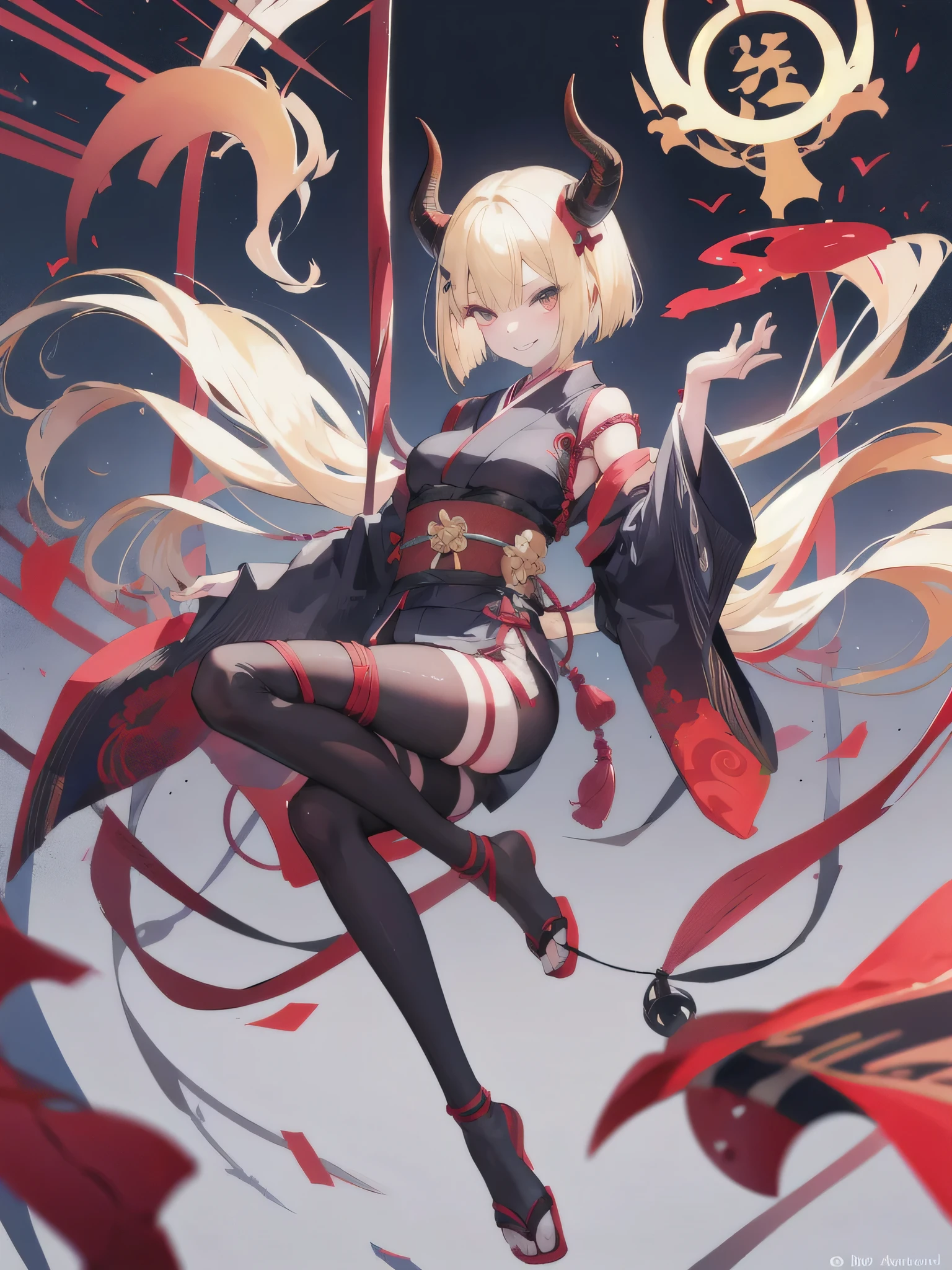 Full body figure, no background, 1 girl, Japanese style, blonde bob, demon horns, bondage, fearless smile