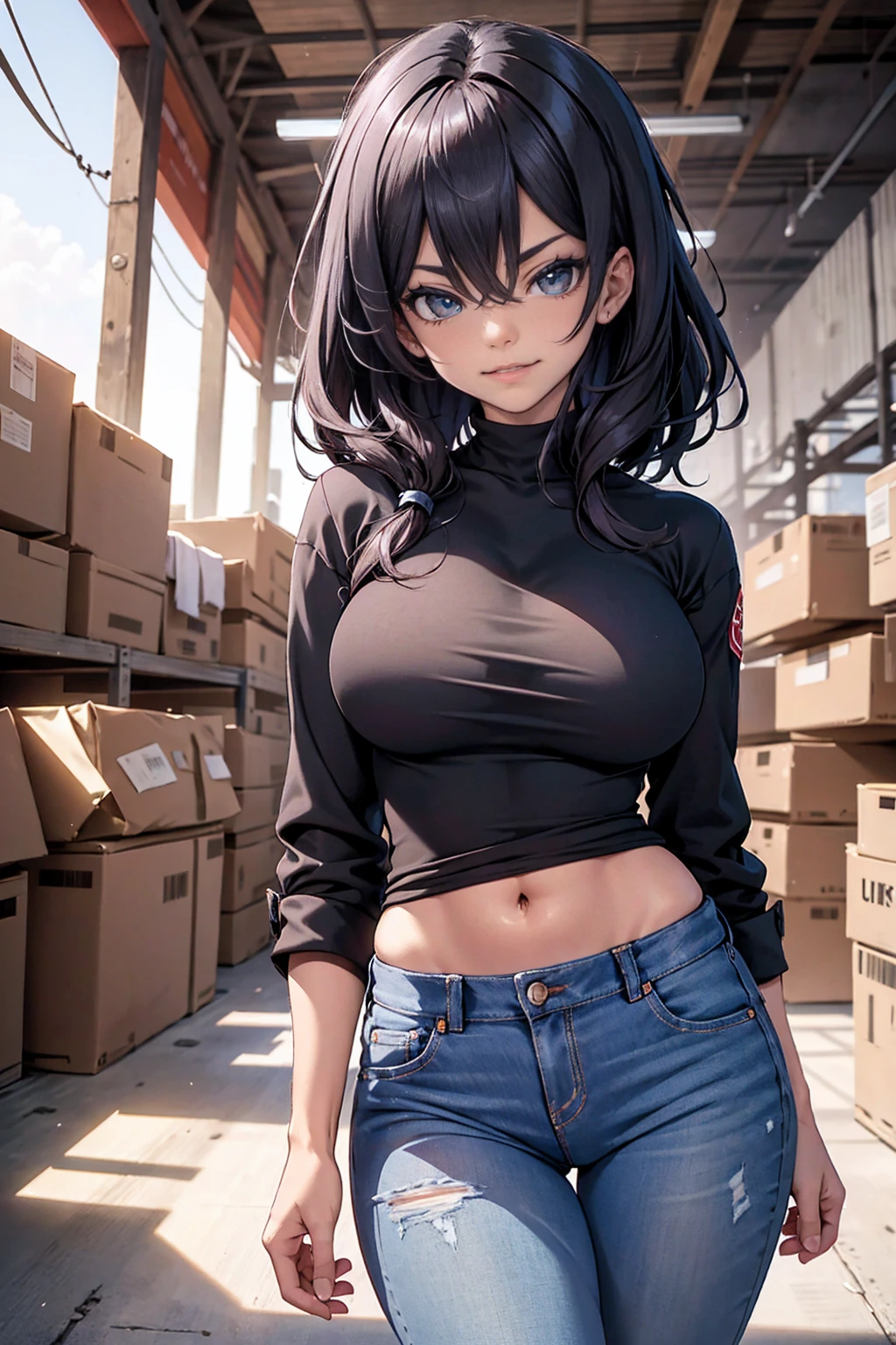 (1 mulher), (Sozinho), maduro, cabelo preto profundo, Cabelo ondulado, cabelo curto, Pale skin, camisa preta cortada, jaqueta vermelha, corpo muscular, average , tatuagens, jeans azul profundo, sorriso arrogante, cicatrizes no rosto