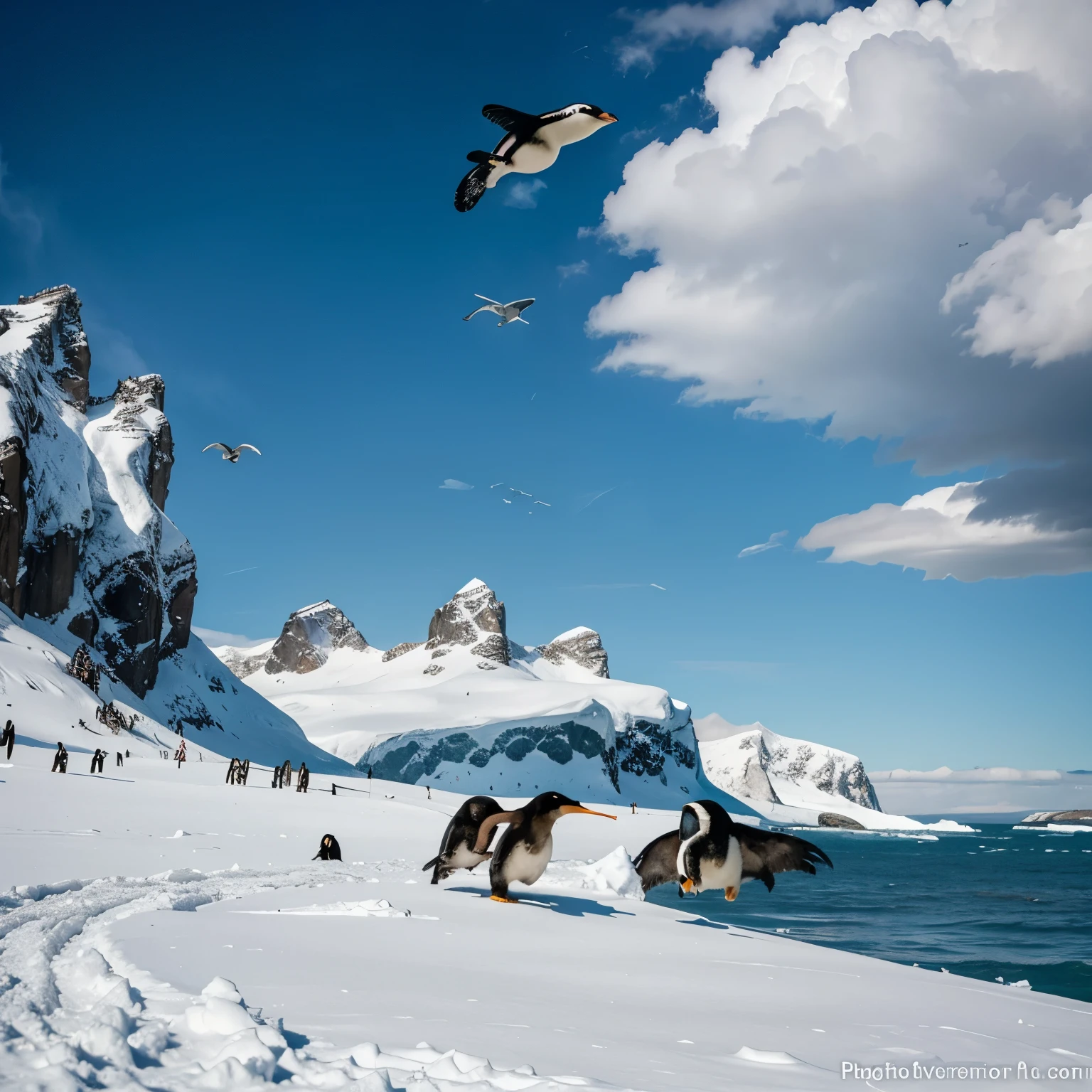 penguins flying in a dramatic way with polar bears in the background