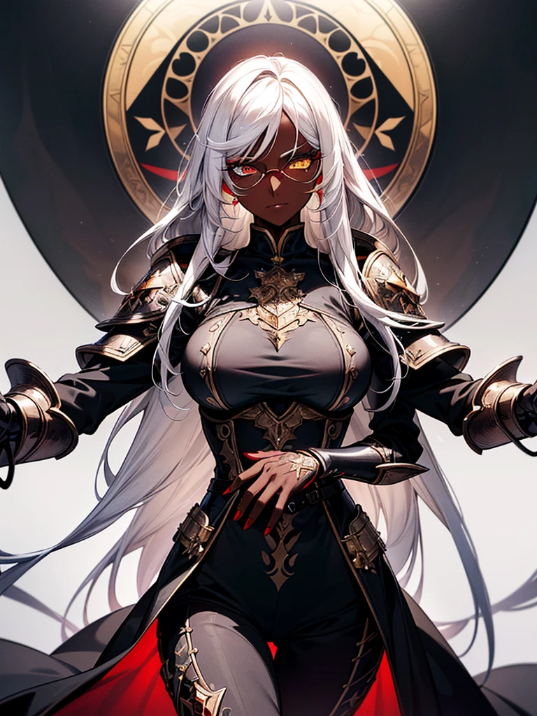 (masterpiece, best quality), (Official art, masterpiece, 8k, ultra-detailed), ultra-detailed, photo of a beautiful 32 year old woman, ((dark skin)), white hair, wearing round glasses on her face, eyes red and yellow, wearing a tight black jumpsuit, with light armor, large, ultra-detailed breasts, (ultra-detailed face), (1 dark-skinned woman), long white hair, ((((Heterochromia in eyes, ultra-detailed red and yellow eyes)))), (very detailed eyes: 1,2), (((detailed red and yellow eyes))), heterochromia of red and yellow eyes very well presented, (wearing round glasses on the face very detailed: 1,2), well designed glasses, ((gauntlets and high heel boots)), witch items, belts, (ideal body proportion), ((black jumpsuit with light armor)), ultra detailed character, wallpaper, pinterest, Fantasy Art, (Fantasy art), fantasy scene, (medieval magic village), wallpaper, pinterest, front photo, exterior, cinematic photo, natural light, beach photo, wallpaper, pinterest, badass image, perfect photo, volumetric lighting