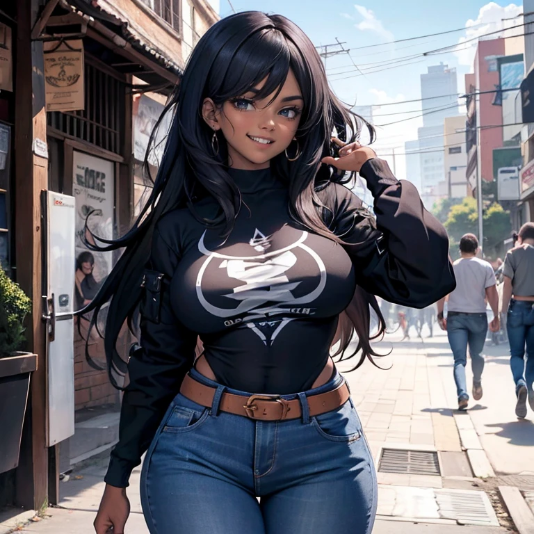 (1 mulher), (Sozinho), maduro, cabelo preto profundo, Cabelo ondulado, cabelo curto, Pale skin, camisa preta cortada, jaqueta vermelha, corpo muscular, average , tatuagens, jeans azul profundo, sorriso arrogante, cicatrizes no rosto