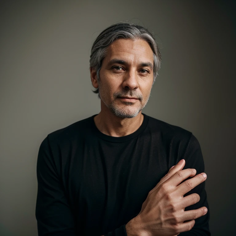 Adult man about 40 years old with gray hair and a black long-sleeved shirt