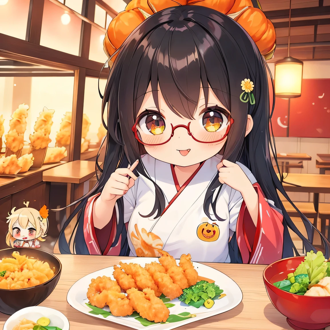 ((masterpiece)), ((best quality)), (ultra-detailed), ((kawaii)), cute, (lovely), illustration, anime style, upper body, upper body focus, 1girl, cute girl, solo, (((chibi))), (beautiful eyes), beautiful black hair, Long hair, slim, slender, small breast, glasses, Inside a Japanese restaurant, a platter with assorted tempura, Shrimp tempura, pumpkin tempura, fish tempura, looking very happy, smiling, (tongue out:1.1), (Tehepero).