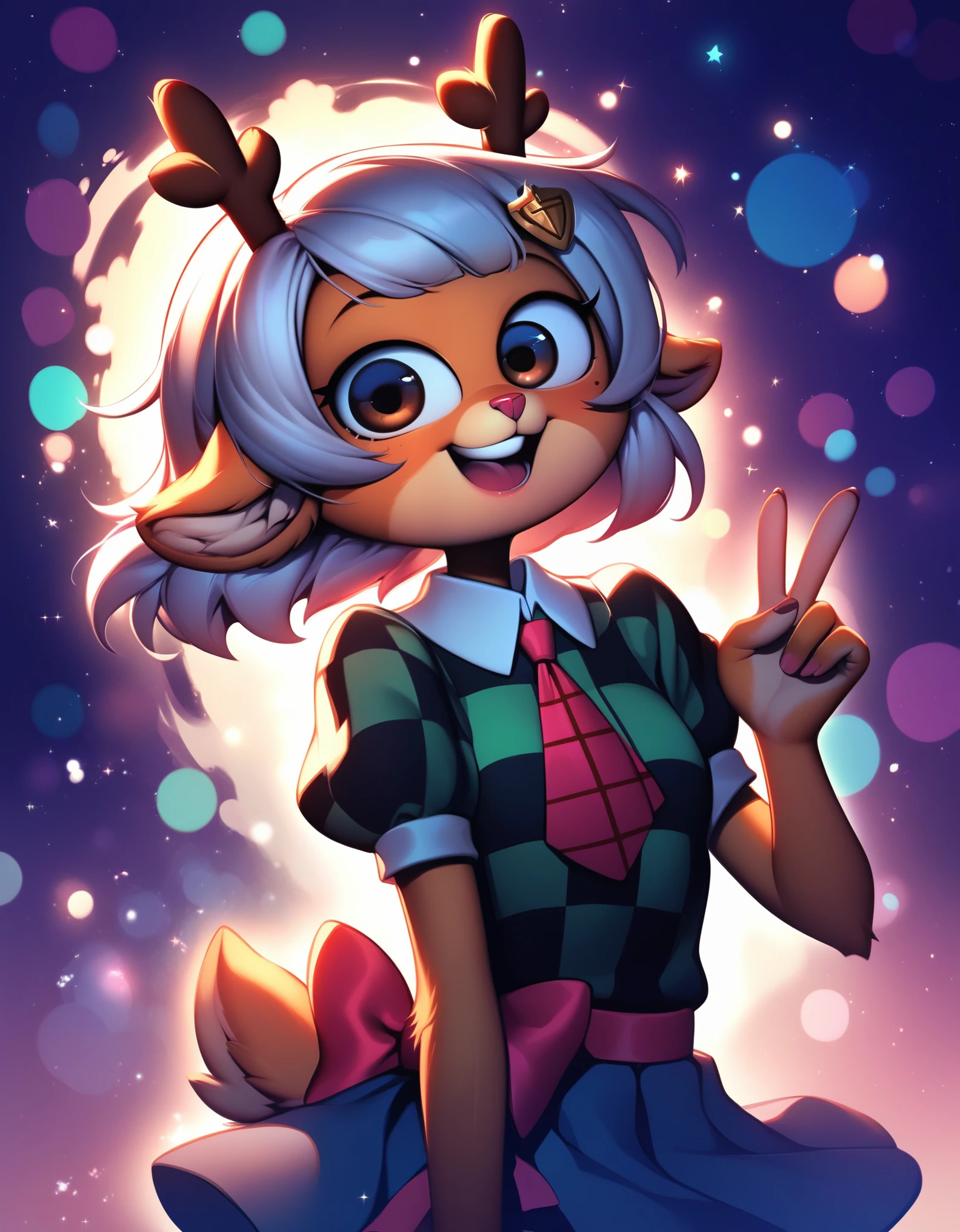 score_9, score_8_up, score_7_up, score_6_up, source_cartoon, noelle, furry female anthro, deer girl, teeth, standing, portrait, skirt, checkered sweater, solo, (body fur:1.2), (best quality), (abstract background:1.2), small breasts, dramatic lighting, (detailed fluffy fur:1.1), looking at viewer, smile, open mouth, 