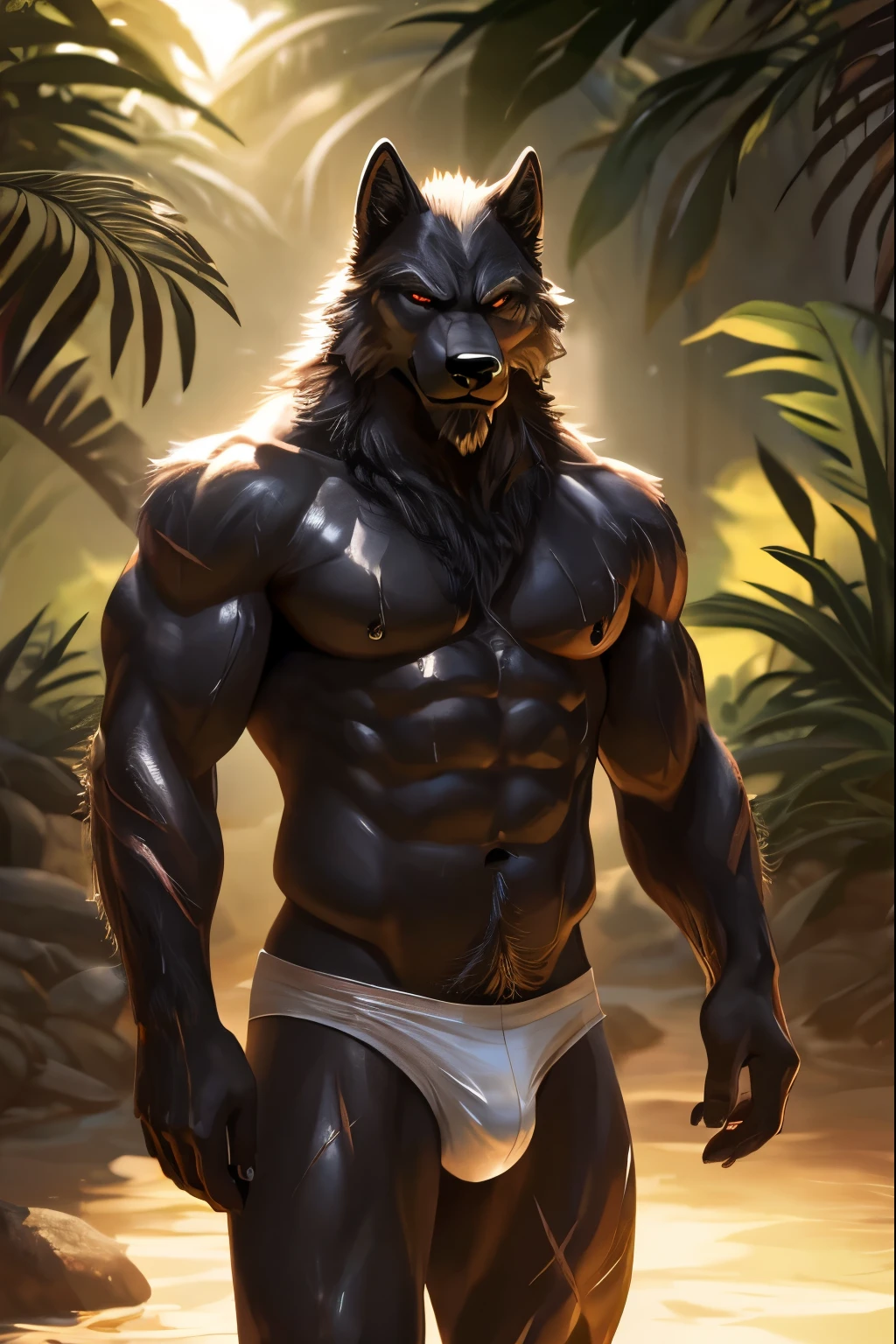 Masterpieces, furry, male, kinky, Anthropomorphic, full body, old age, rugged, wolf, proper fit body type, Delicate eyes, white goatee, white fur, glistening body, thug, ebony skin, depth of field, warm lighting, bright lighting, (best quality),(masterpiece),(ultra detailed), sharp focus, jungle background, fierce look, evil grins, scars, glossy, oiled up skin, shirtless, soaked white underwear, white armpit hair, wet body, white fur