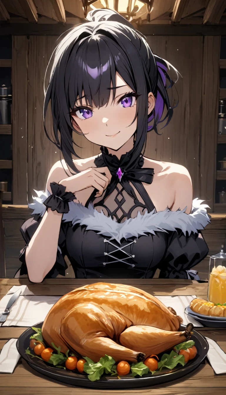 {{{solo lady}}}、shiny black hair、shiny purple eyes、{{short highponytail}}
、1white ribbon:1.1、[middle breast:0.8]、(black Gothic Dress),Fur carpet、Inside the log house、night、moonlight、Dishes of food are laid out on the table、Across the table、POV、Troubled smile、closed mouth,upper body shot,(masterpiece)、(absurdres)、(8K)、