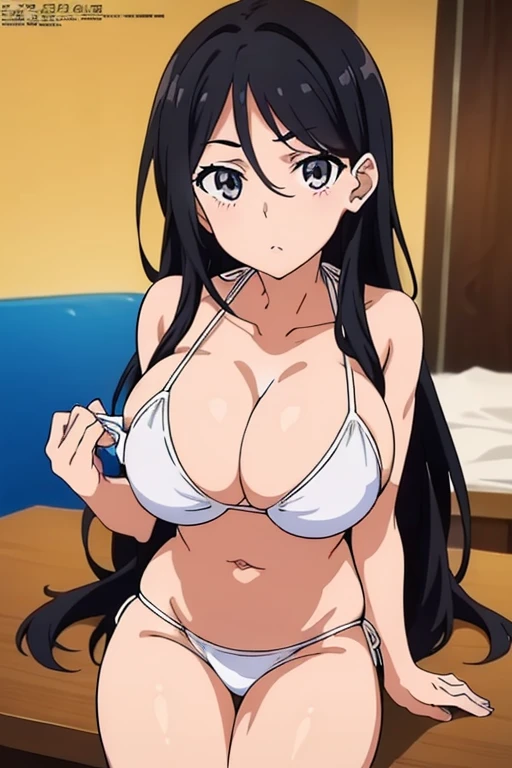 (masutepiece, Best Quality, High resolution, anime screen cap, anime colours, megami magazine:1.2, anime poster style, anime keyvisual, sharp, 8k, photorealistic), (beautiful eyes:1.5), Blowmailing, 1girl in, Cute, blush, (Long Black Hair), (natural large breasts:1.5), cleavage, (White Bikini:1.5), upper body, (Perfect Anatomy, beautifull detailed face, Beautiful detailed eyes, beautiful detailed hair, Beautiful detailed body), (thick outline, Beautiful outlines, black outlines)