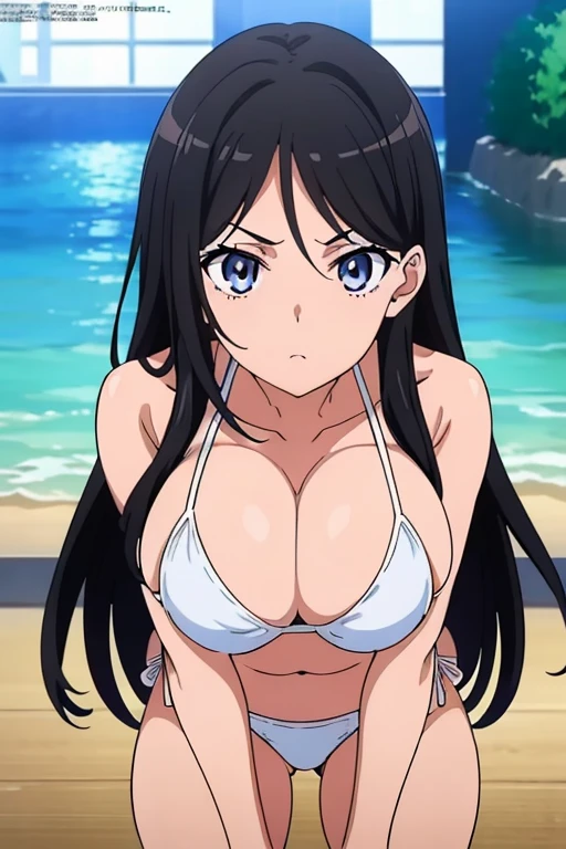 (masutepiece, Best Quality, High resolution, anime screen cap, anime colours, megami magazine:1.2, anime poster style, anime keyvisual, sharp, 8k, photorealistic), (beautiful eyes:1.5), Blowmailing, 1girl in, Cute, blush, (Long Black Hair), (natural large breasts:1.5), cleavage, (White Bikini:1.5), upper body, (Perfect Anatomy, beautifull detailed face, Beautiful detailed eyes, beautiful detailed hair, Beautiful detailed body), (thick outline, Beautiful outlines, black outlines)