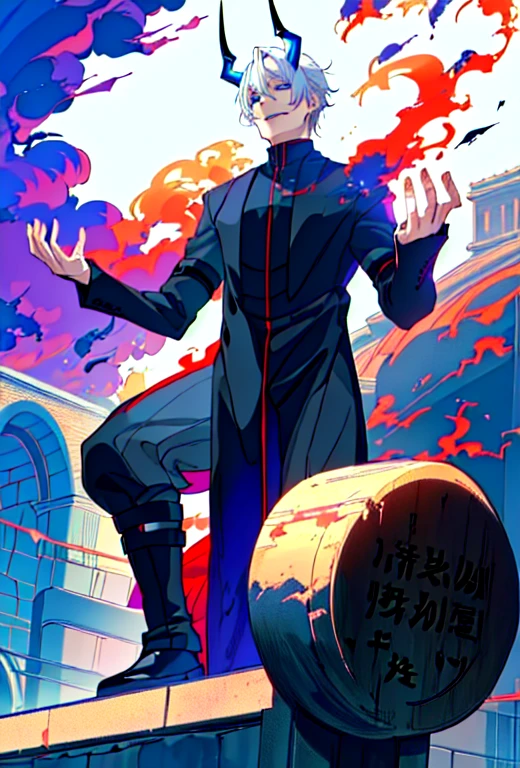 Anime style, details, 4k, a man in a black suit standing on a ledge, amazing character, very menacing and evil, {very short hair, white hair, blue eyes, pale skin}, blue horns flames, background destruction