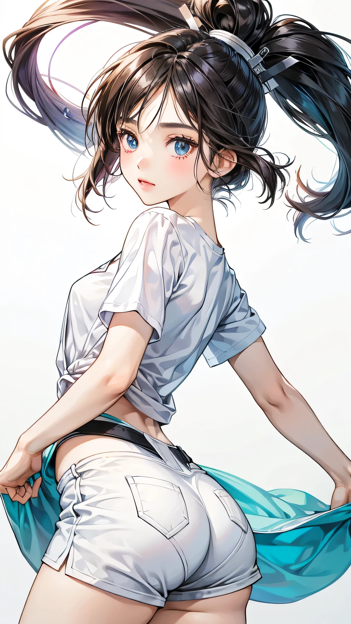Adorable Girl . Very Kawaii , Round Face . Solo , Slim , Medium Breasts , Short Stature . Glossy Skin . Plain White T-shirt . Booty Shorts . Dynamic Pose . Dynamic Angle . No Background , White Background , looking at viewer