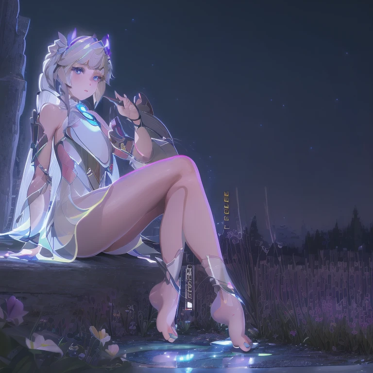 (best quality,4K,8k,high resolution,masterpiece:1.2),Ultra Detailed,(actual,photoactual,photo-actual:1.37),illustration,Soft Light,White hair girl,Deep purple eyes,Glowing eyes,sit down,barefoot,blush,Garden at night,Flowers.