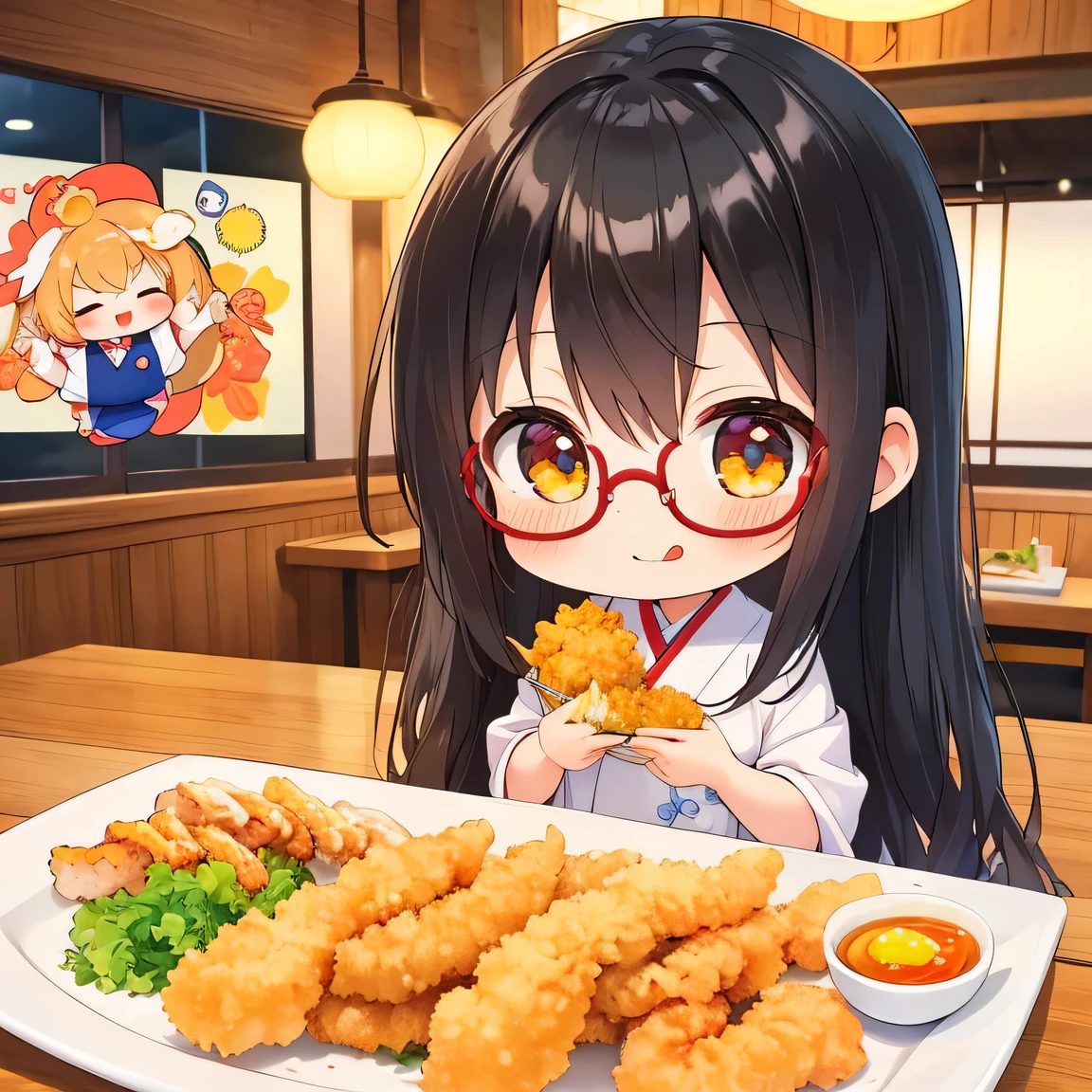 ((masterpiece)), ((best quality)), (ultra-detailed), ((kawaii)), cute, (lovely), illustration, anime style, upper body, upper body focus, 1girl, cute girl, solo, (((chibi))), (beautiful eyes), beautiful black hair, Long hair, slim, slender, small breast, glasses, Inside a Japanese restaurant, a platter with assorted tempura, Shrimp tempura, pumpkin tempura, fish tempura, looking very happy, smiling, (tongue out:1.1), (Tehepero).