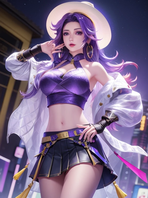 WZRYSun ShangxiangYNSY, 1 Girl, Solitary, navel, transparent, Double tail, breast, Purple Eyes, jewelry,purple hair,Open jacket,diaphragm, Black gloves,Bare shoulders, crop top, belt, Colorful hair, hat, Pleated Skirt, city View, night,Mature female, Looking at the audience, Hands on Hips, Hoop Earrings, Cowboy shooting,