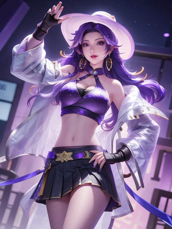 WZRYSun ShangxiangYNSY, 1 Girl, Solitary, navel, transparent, Double tail, breast, Purple Eyes, jewelry,purple hair,Open jacket,diaphragm, Black gloves,Bare shoulders, crop top, belt, Colorful hair, hat, Pleated Skirt, city View, night,Mature female, Looking at the audience, Hands on Hips, Hoop Earrings, Cowboy shooting,