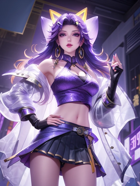 WZRYSun ShangxiangYNSY, 1 Girl, Solitary, navel, transparent, Double tail, breast, Purple Eyes, jewelry,purple hair,Open jacket,diaphragm, Black gloves,Bare shoulders, crop top, belt, Colorful hair, hat, Pleated Skirt, city View, night,Mature female, Looking at the audience, Hands on Hips, Hoop Earrings, Cowboy shooting,