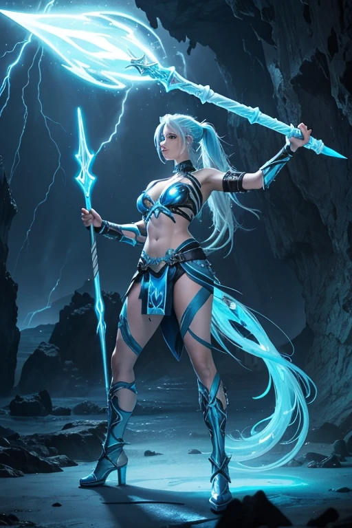 tall beautiful and strong female storm giant with blue white hair in a ponytail and lightning staff, glowing tattoos and pale blue skin wearing steel Armour, ocean cave background with lightning storm with legs spread wide