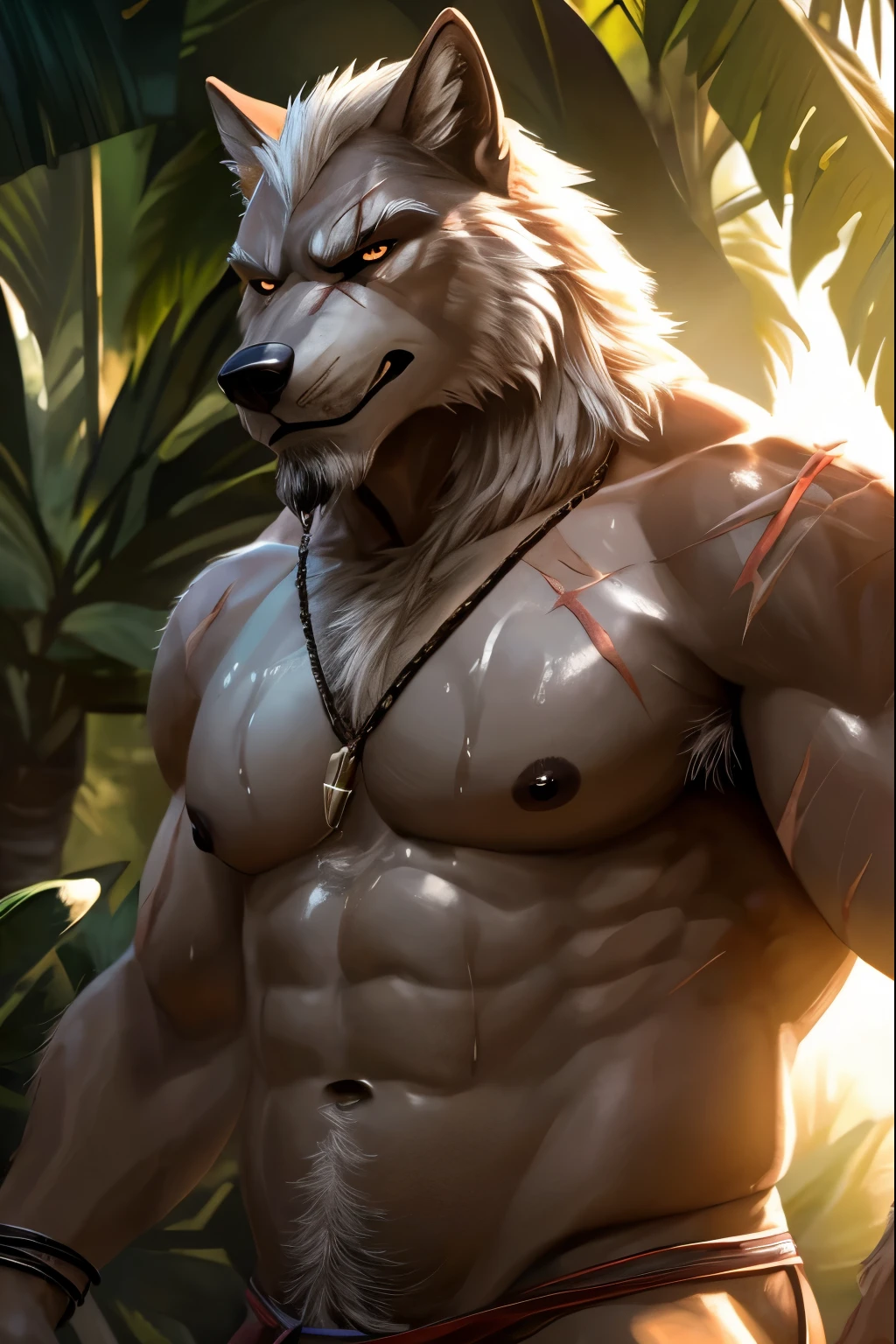 Masterpieces, furry, male, kinky, Anthropomorphic, full body, old age, rugged, wolf, proper fit body type, Delicate eyes, white goatee, white fur, glistening body, thug, ebony skin, depth of field, warm lighting, bright lighting, (best quality),(masterpiece),(ultra detailed), sharp focus, jungle background, fierce look, evil grins, scars, glossy, oiled up skin, shirtless, soaked white underwear, white armpit hair, wet body, white fur