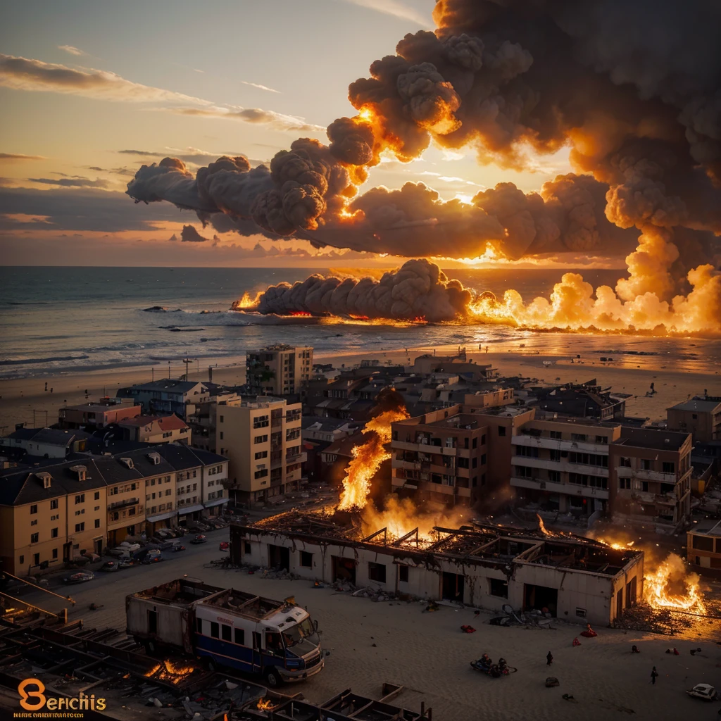 Fire,destroyed buildings,beach sunset,best quality, 4K, big buildings, smoke and fire everywhere, details