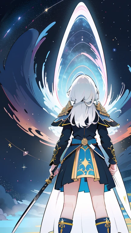 1 garota, cabelo ultra longo, rosto ultra detalhado, shiny lips, Olhos azuis brilhantes, rabo de cavalo muito longo, caminhada elegante, passarela, segurando uma katana gigante, loiro, long eyelashes, botas longas , looking at the sky, starry sky, a ultra giant katana, Uma folha de modelo abrangente para um personagem, incluindo vista frontal e vista lateral, with detailed perspectives and angles