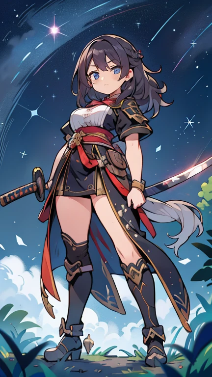 1 garota, cabelo ultra longo, rosto ultra detalhado, shiny lips, Olhos azuis brilhantes, rabo de cavalo muito longo, caminhada elegante, passarela, segurando uma katana gigante, loiro, long eyelashes, botas longas , looking at the sky, starry sky, a ultra giant katana, Uma folha de modelo abrangente para um personagem, incluindo vista frontal e vista lateral, with detailed perspectives and angles