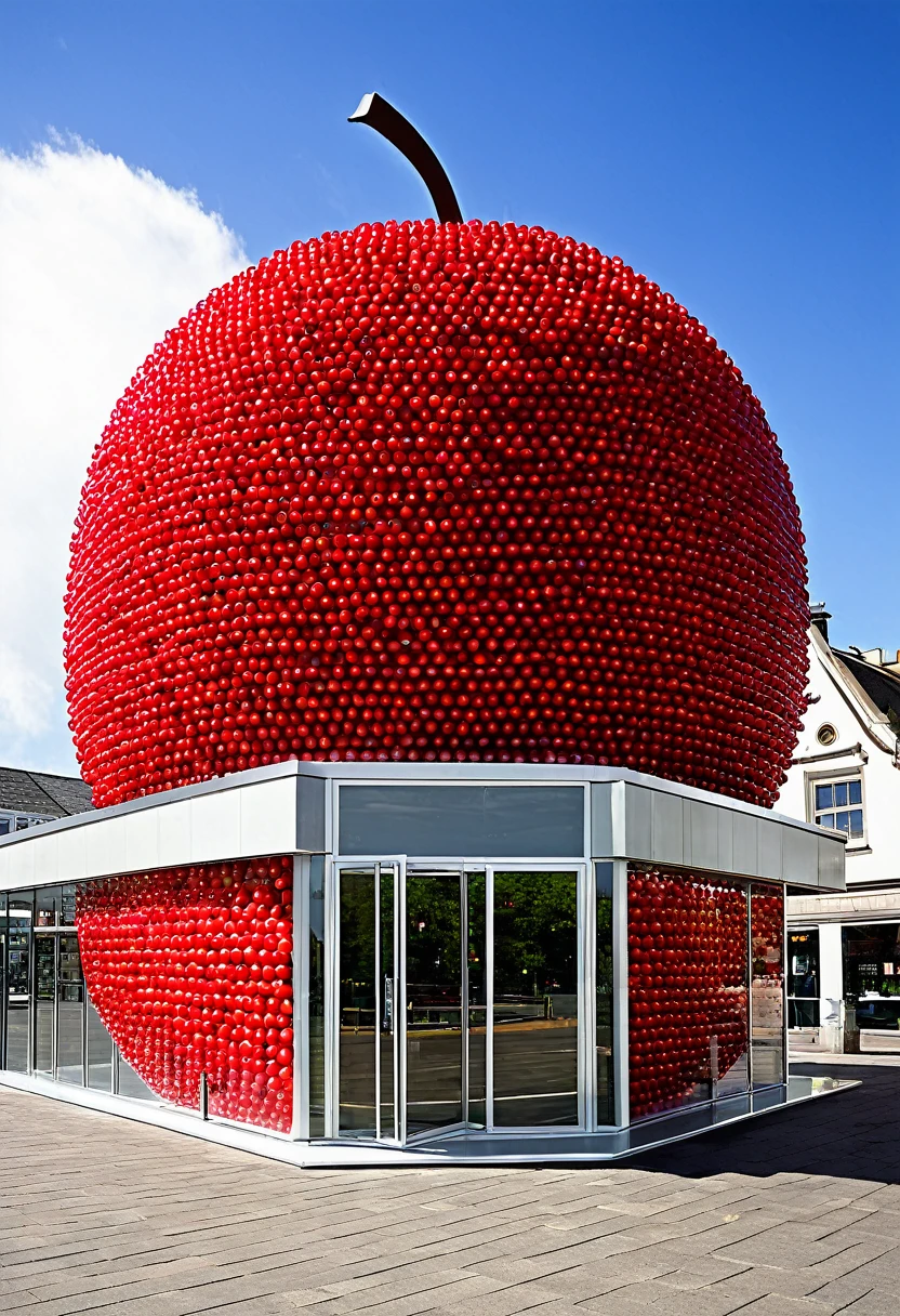 Human Store building architecture shaped like a Red Cherry fruit with windows and a glass door