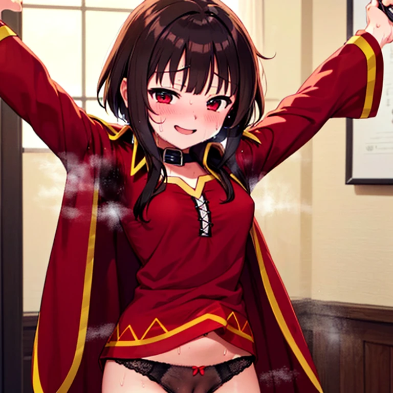 NSFW、anime、very cute、、((Megumin))、1 girl、Red long sleeve shirt、Black Skirt、Magic wand、((masterpiece))、(((Pussy)))、(((Love Juice)))、(((Sweat)))、(((Sweat染み)))、((smile))、(((odor)))、(((Body odor)))、((Black adult panties))、(((Shift pants)))