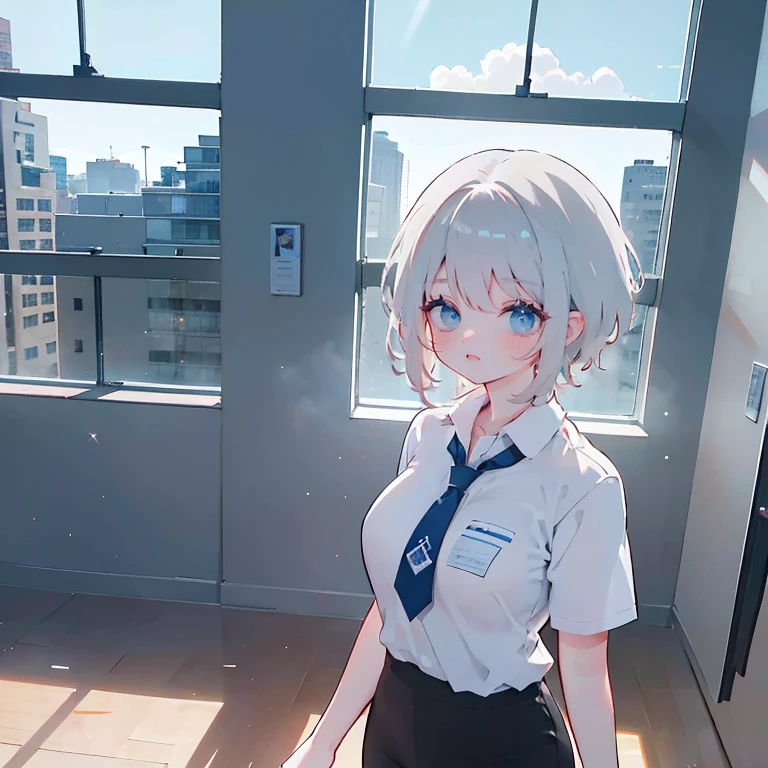 A woman wearing a white office t-shirt, wearing a tie around your neck, uma saia preta, meias longas femininas, seios grandes, cabelo loiro longo, olhos azuis, in an office in a large building, com tabelas, computadores, a window overlooking several buildings, lugar brilhante, efeito de desfoque de fundo, HDR, ultra resolution, bem definido, obra de arte, 8k HD.
