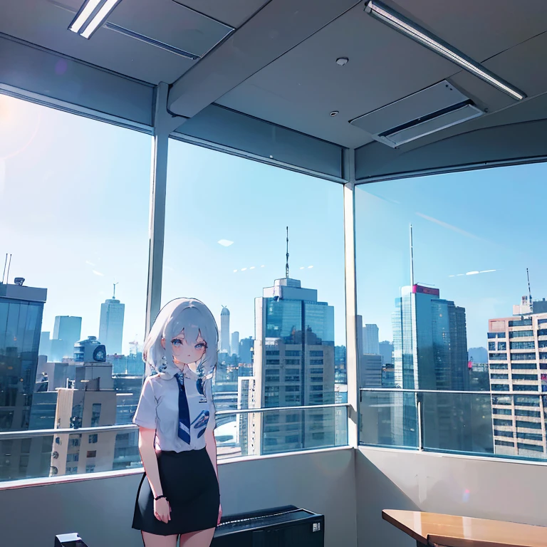 A woman wearing a white office t-shirt, wearing a tie around your neck, uma saia preta, meias longas femininas, seios grandes, cabelo loiro longo, olhos azuis, in an office in a large building, com tabelas, computadores, a window overlooking several buildings, lugar brilhante, efeito de desfoque de fundo, HDR, ultra resolution, bem definido, obra de arte, 8k HD.