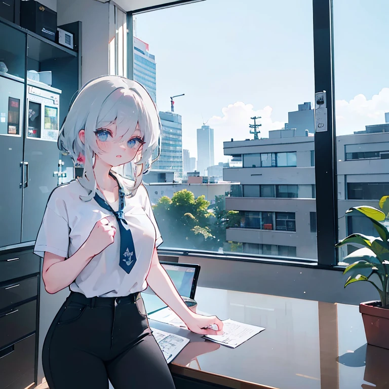 A woman wearing a white office t-shirt, wearing a tie around your neck, uma saia preta, meias longas femininas, seios grandes, cabelo loiro longo, olhos azuis, in an office in a large building, com tabelas, computadores, a window overlooking several buildings, lugar brilhante, efeito de desfoque de fundo, HDR, ultra resolution, bem definido, obra de arte, 8k HD.