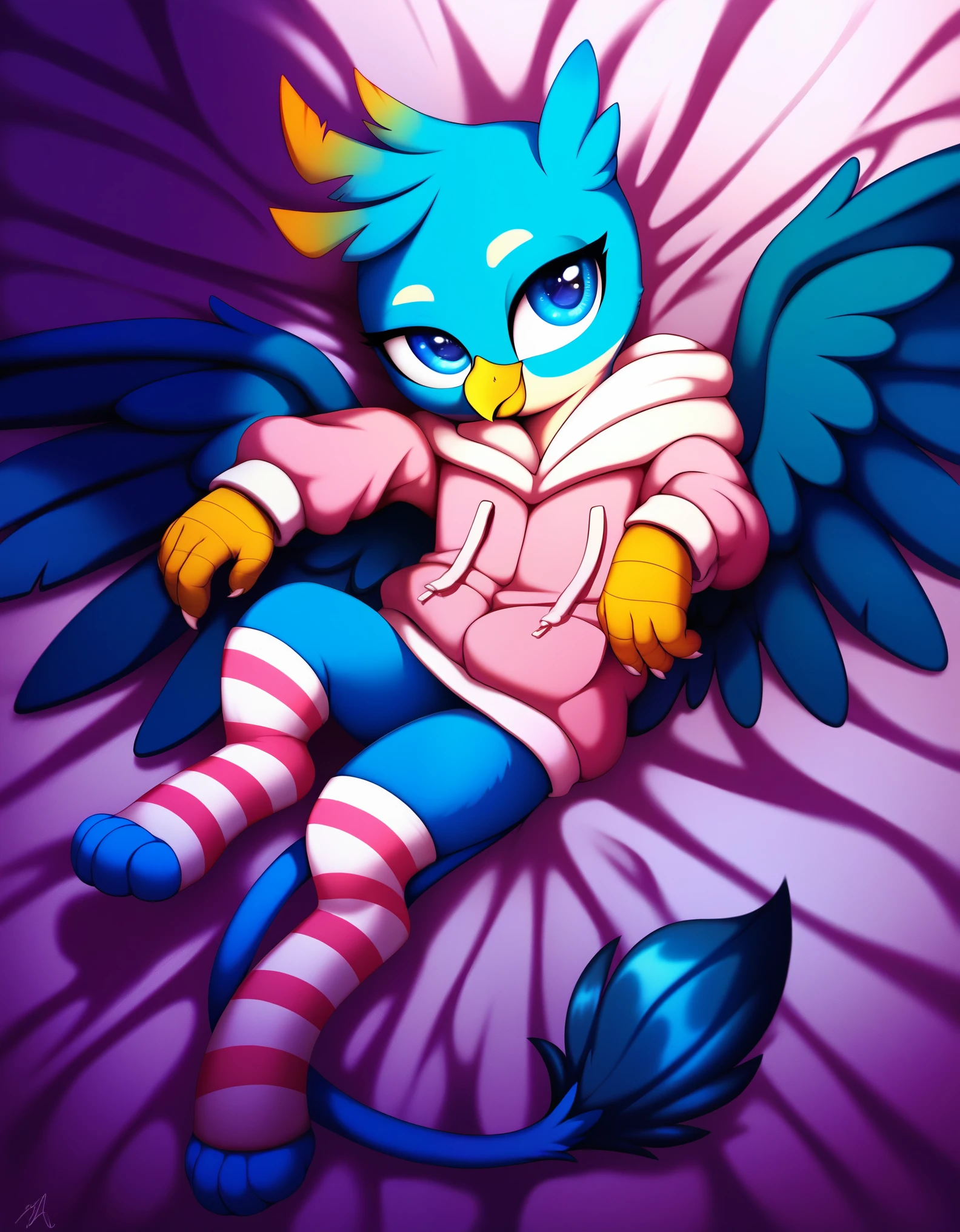 score_9, score_8_up, score_7_up, score_6_up, source_pony, rating_safe, digital art by alcorart, BREAK, 1boy, solo, (derpibooru_p_95), male, (gallus), gryphon, griffon, solo, (detailed blue fluffy fur), griffon, realistic, girly, wings, detailed eyes, detailed fur, griffon, feathered wings, closed wings, lion tail, dorm room, lying on back, pink hoodie, striped thigh-high socks, toeless socks, detailed eyes