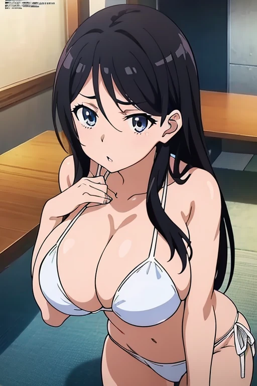 (masutepiece, Best Quality, High resolution, anime screen cap, anime colours, megami magazine:1.2, anime poster style, anime keyvisual, sharp, 8k, photorealistic), (beautiful eyes:1.5), Blowmailing, 1girl in, Cute, blush, (Long Black Hair), (large breasts:1.5), cleavage, (White Bikini:1.5), upper body, standing, (Perfect Anatomy, beautifull detailed face, Beautiful detailed eyes, beautiful detailed hair, Beautiful detailed body), (thick outline, Beautiful outlines, black outlines)
