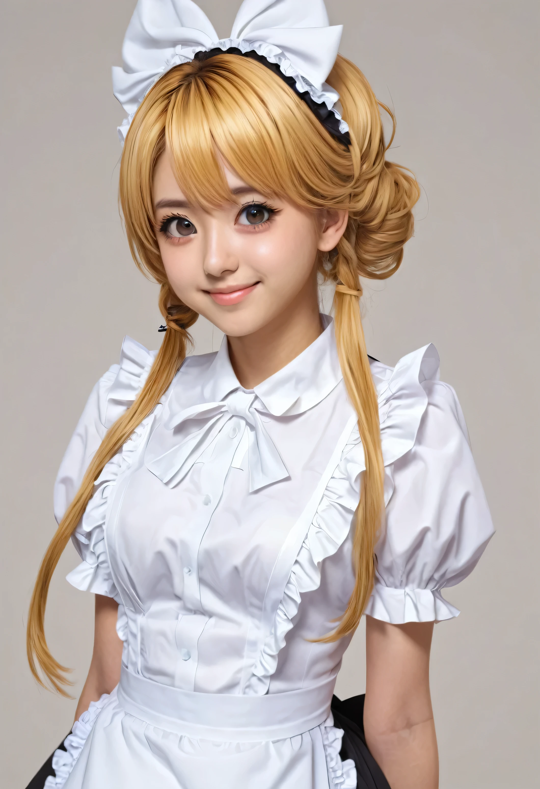 18 year old beautiful girl, big eyes, large breasts, and slender, 8K, top quality, (very detailed head: 1.0), (very detailed face: 1.0), (very detailed hair: 1.0), maid clothes, very detailed official artwork, anime moe art style, clean detailed anime art, smile, golden hair, smooth long hair