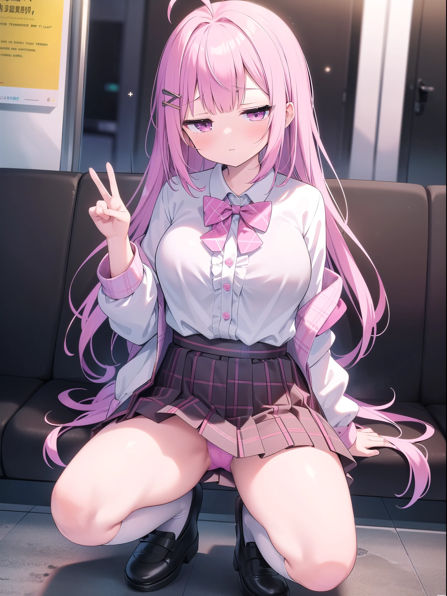 Double Peace Sign,Pink Panties,Big breasts with legs spread,High Resolution 1girl Ahoge Bobby_pin bow bowtie braid brOwn_目s collared_shirt dojikko_Temporarily stop_shirt frilled_shirt_Color Free Joint_skirt frills hair_bow hair_ornament hairpin hand_in addition_Own_head, heart, heart_hair_Decorative hood_jacket jacket lin additiong_Pentagon Pink_hair plaid plaid_Ribbon Check_Pleated skirt_skirt shirt shoelaces shoes simple_background sitting skirt solo star_(symbol) twin_Braided Warisa White_Inside the train_Knee socks, whole body