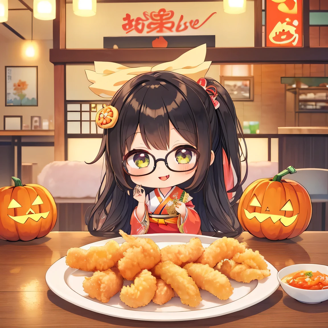 ((masterpiece)), ((best quality)), (ultra-detailed), ((kawaii)), cute, (lovely), illustration, anime style, upper body, upper body focus, 1girl, cute girl, solo, (((chibi))), (beautiful eyes), beautiful black hair, Long hair, slim, slender, small breast, glasses, Inside a Japanese restaurant, a platter with assorted tempura, Shrimp tempura, pumpkin tempura, fish tempura, looking very happy, smiling, (tongue out:1.1), (Tehepero).