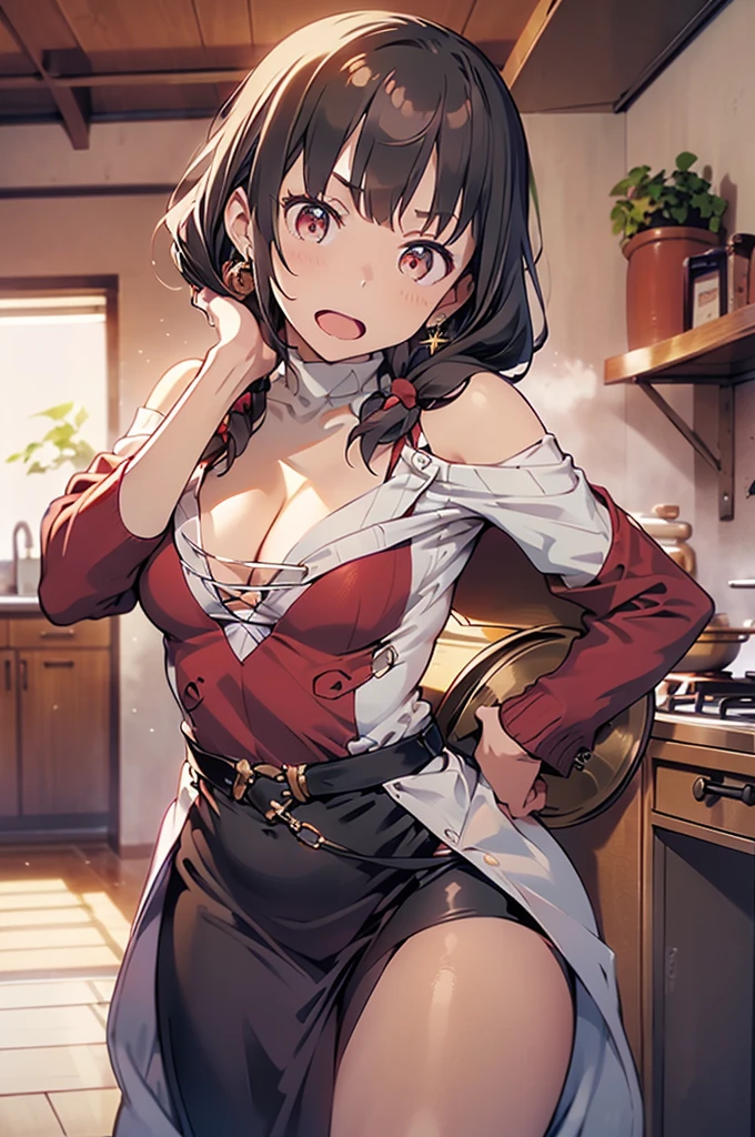 masterpiece, yor, 1girl, Amazing Cleavage:1.3, thin waist, big ass, Raised sexy, medium breast: 1.8 posed cleavage:1.2、solo, looking at viewer, open mouth, have a cup of coffee,black hair, red eyes, dress, bare shoulders, jewelry, collarbone, sidelocks, hairband, earrings, indoors, off shoulder, :o, sweater, arms behind back, plant, short hair with long locks, white hairband, off-shoulder dress, sweater dress, off-shoulder sweater, red sweater, big side hair, very long side hair,is rendered in (masterpiece: 1.2, best quality), with (ultra high resolution) and an exquisite (depth of field). This masterpiece is not only visually stunning but also tells, teach of cooking ,in the kitchen
