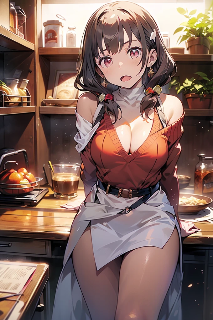 masterpiece, yor, 1girl, Amazing Cleavage:1.3, thin waist, big ass, Raised sexy, medium breast: 1.8 posed cleavage:1.2、solo, looking at viewer, open mouth, have a cup of coffee,black hair, red eyes, dress, bare shoulders, jewelry, collarbone, sidelocks, hairband, earrings, indoors, off shoulder, :o, sweater, arms behind back, plant, short hair with long locks, white hairband, off-shoulder dress, sweater dress, off-shoulder sweater, red sweater, big side hair, very long side hair,is rendered in (masterpiece: 1.2, best quality), with (ultra high resolution) and an exquisite (depth of field). This masterpiece is not only visually stunning but also tells, teach of cooking ,in the kitchen