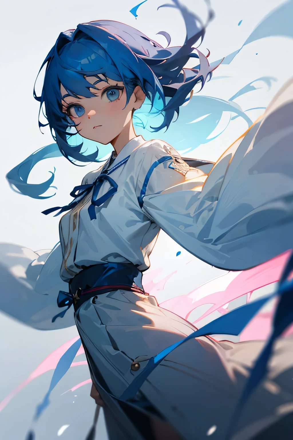 Female, Blue hair, Blue eyes, light Powers, mist, ribbon on hair, cute clothes 