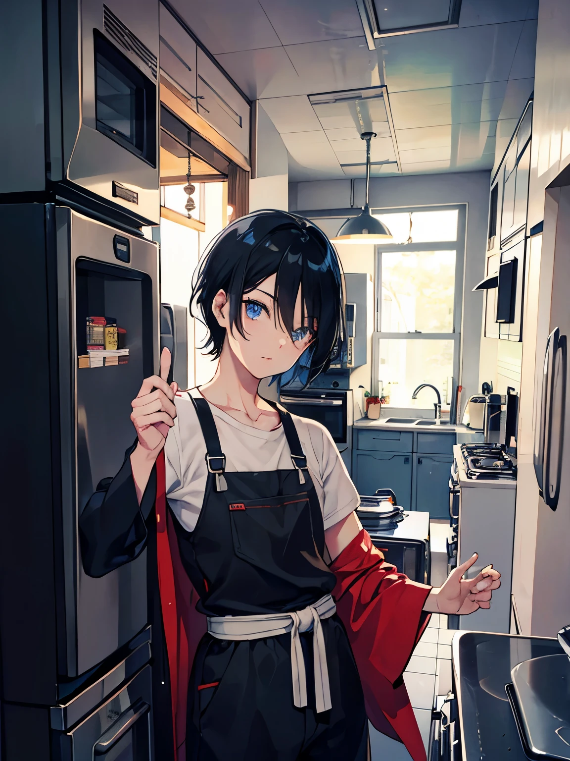 　male　blue eyes　Black Hair　Showa Retro　kitchen　Opening the refrigerator　 pants　Short Hair