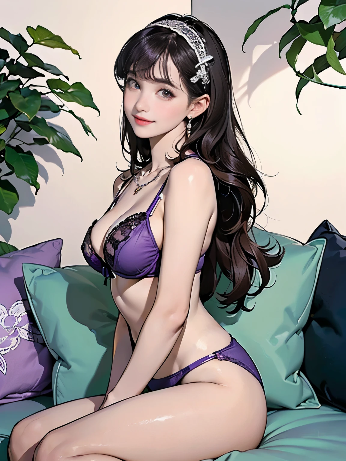 ((((highest quality))))、(((Ultra-precision CG16K wallpaper)))、(((masterpiece)))、(((Super detailed)))、(((Extreme detail)))、((1Mature 29 year old woman:1.6))、((Very beautiful Japanese faces))、((Zuo々Nozomi:1.5))、((Straight semi-long hair、blunt bangs:1.5))、(Shiny brown hair)、Beautiful Eyes、Clearly defined pupils、eyeliner、Eyeshadow、High nose、Small nostrils、Small Mouth、Seductive lips、Beautiful breasts、((C cup size breasts))、Cleavage、Beautiful feet、eight-headed body、Perfect proportions、Perfect Anatomy、Perfect composition、Beautiful detailed shading、Beautiful, natural lighting、Beautiful detail glow、Depth of written boundary、(((High chroma)))、(((Real:1.9)))、((vivid:1.5))、((Beautiful Skin))、((Skin Texture))、((Realな皮膚感))、(((Cowboy Shot:1.6)))、((Front view、shoot from front、Front low angle:1.6))、(((smile:1.5)))、((The woman is looking at this、looking at viewer、Facing forward:1.6))、Bright daylight、Natural light、(((Room with cushions、Foliage plant:1.5)))、(Fashion model pose:1.6)、(((Light purple lace bikini lingerie:1.6)))、((hair band、Earrings、Wearing a necklace:1.5))、(((Woman sitting on cushion:1.6)))、